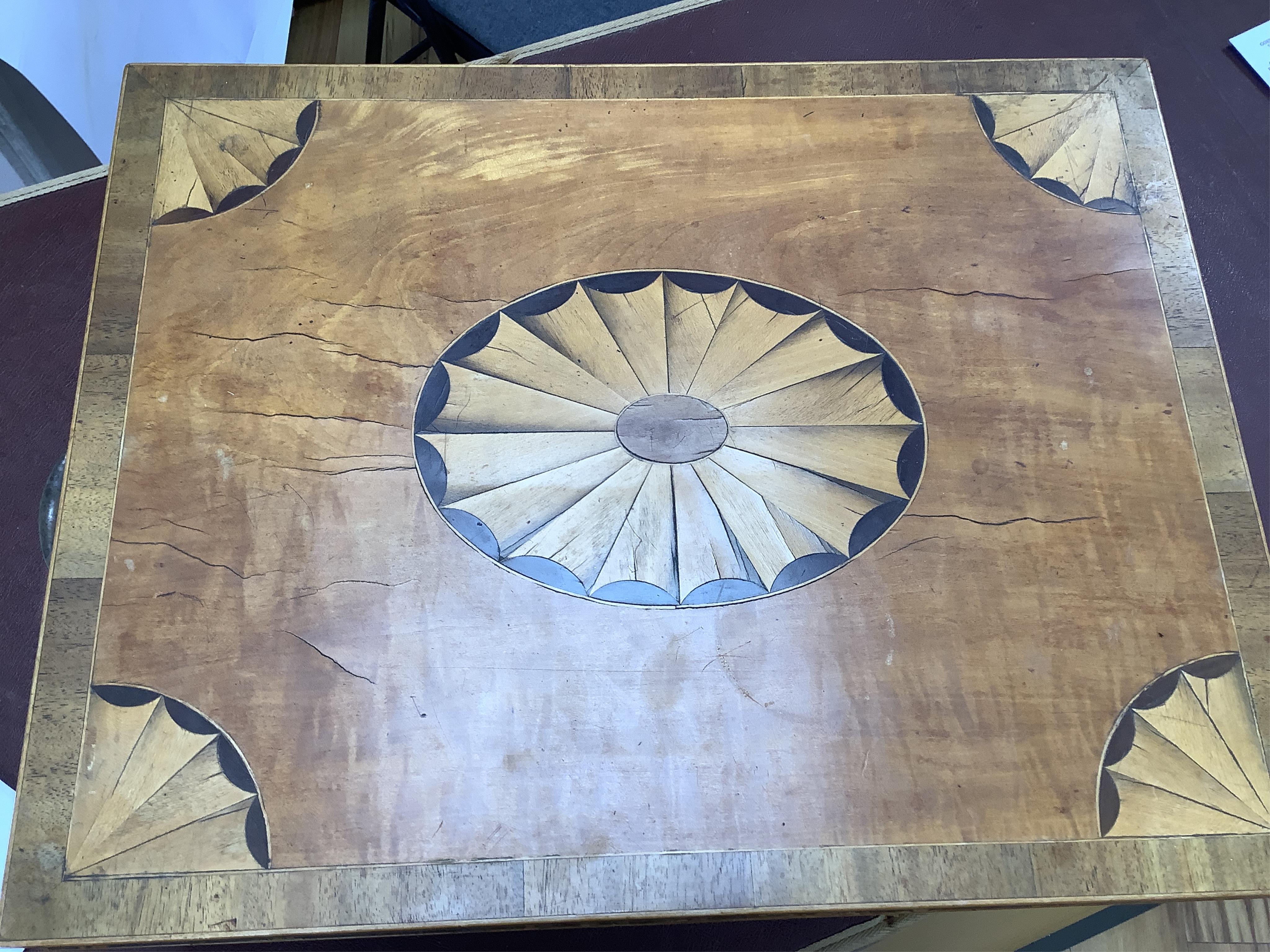 A 19th century paterae inlaid satinwood writing box, 39cm wide. CITES Submission reference ASNPNB4A. Condition - fair.